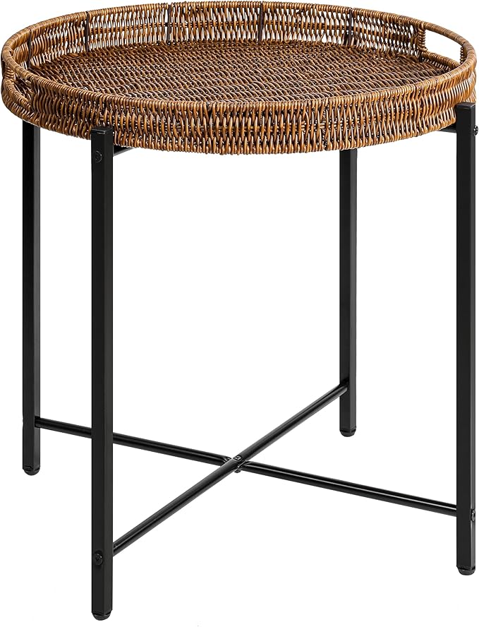 Brown Small Round End Table, 19in Rattan End Tables, Wicker Rattan Side Table by DINGTAI