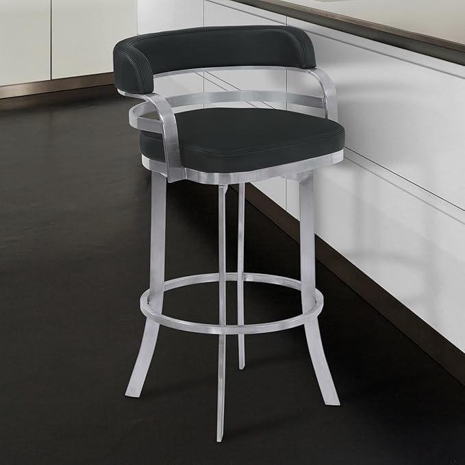 Armen Living Prinz 30" Bar Height Swivel Barstool in Black Faux Leather and - Image 2