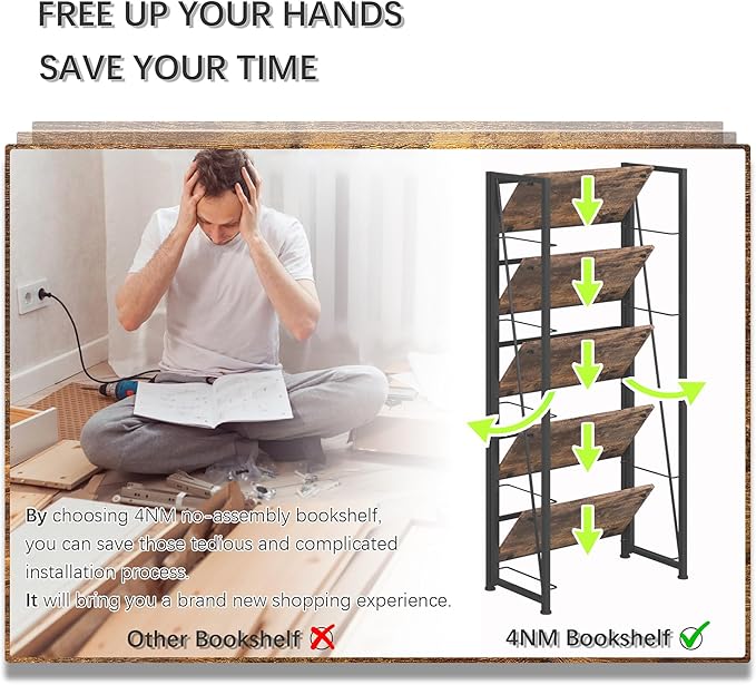 4NM No Assembly Folding Bookshelf, 5-Shelf 62.2" H Collapsible Foldable - Image 7