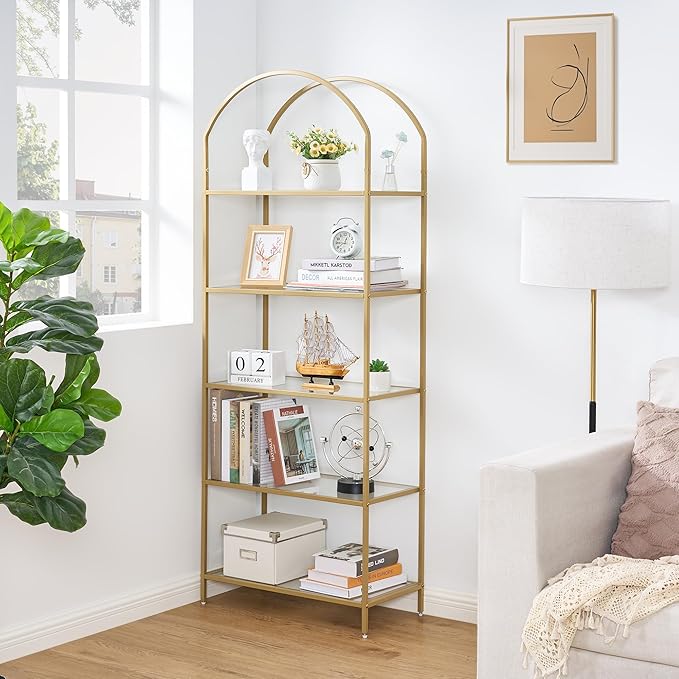 Homhedy Bookshelf Arched Display Racks, Metal Bookcase, Tempered Glass Shelves by Homhedy