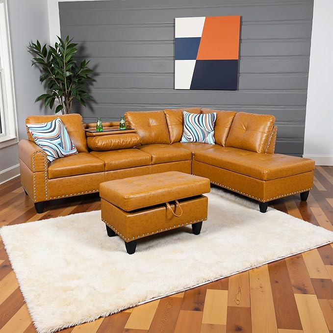 Osparple L Shaped Couch PU Leather Sectional Couch Upholstered 3 Pieces Sofas - Image 3