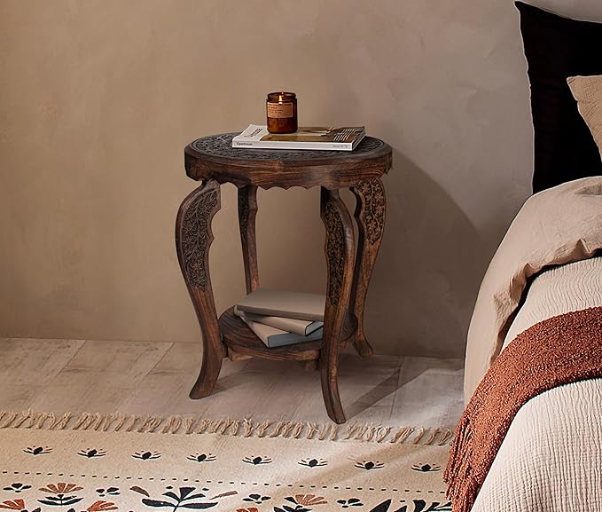 The Wooden Town Farmhouse Round Accent End Table, Rustic Side Table Nightstands - Image 8