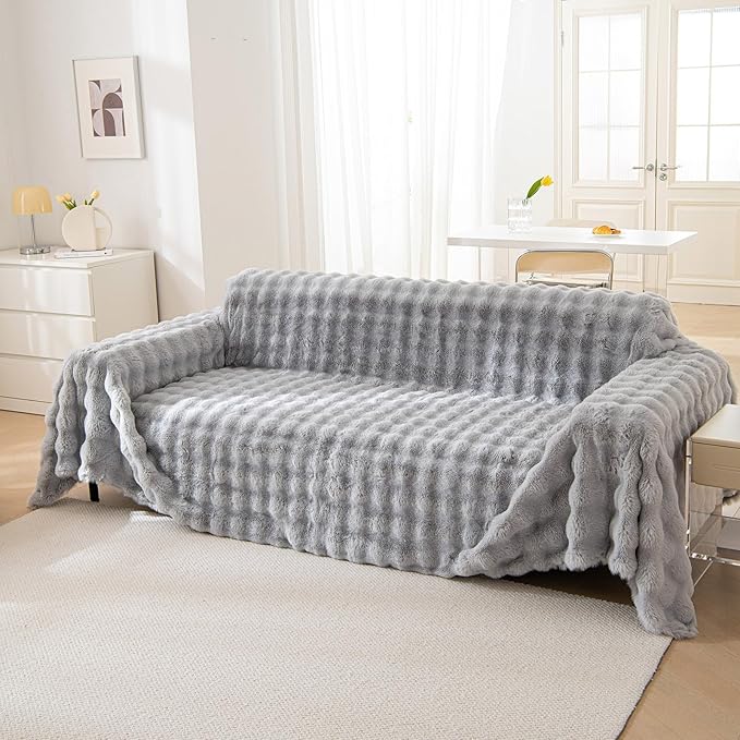 VM VOUGEMARKET Grey Couch Cover 1-Piece Universal Thick Faux Rabbit Fur Sofa - Image 7