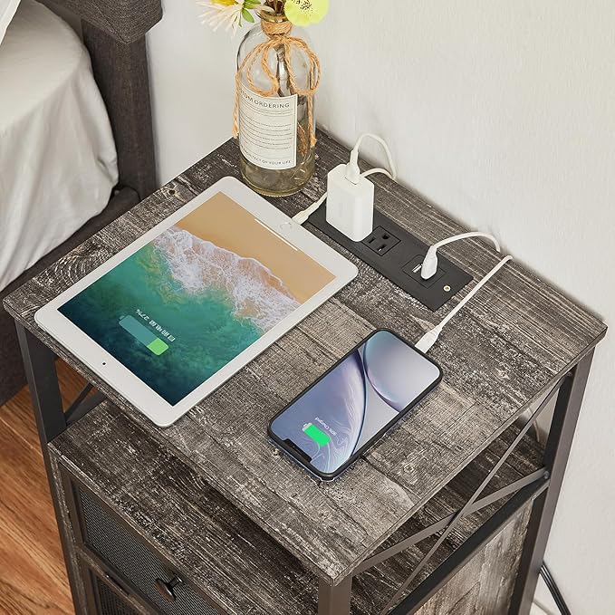 VECELO Oak Gray End Table with USB Ports and Outlets, 24 Inch Nightstands with - Image 6