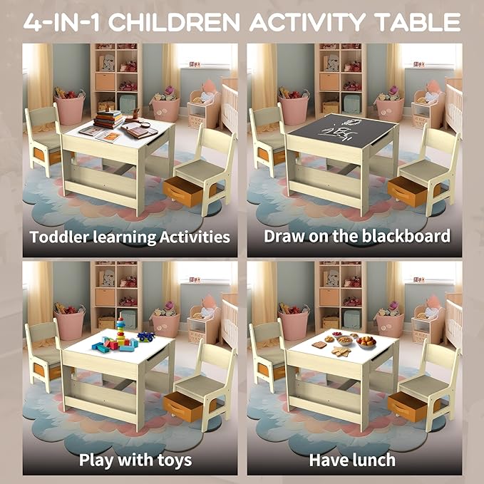 Joyooss Kids Table and Chair Set, 4 in 1 Wooden Activity Toddler Table and - Image 3