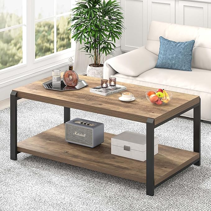 EXCEFUR Modern Coffee Table, Rustic Wood and Metal Center Table by EXCEFUR