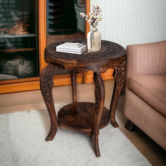 The Wooden Town Farmhouse Round Accent End Table, Rustic Side Table Nightstands - Image 7