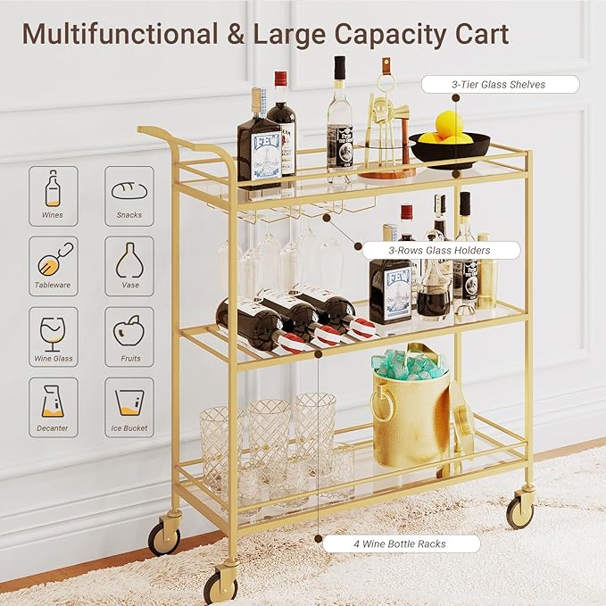 Gold Bar Cart, Home Bar Serving Cart - Image 3