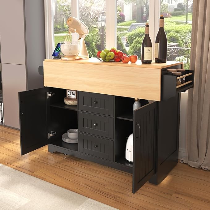 56" Large Kitchen Island with 2 Drop Leafs, Rolling Kitchen Cart on 5 Wheels - Image 9