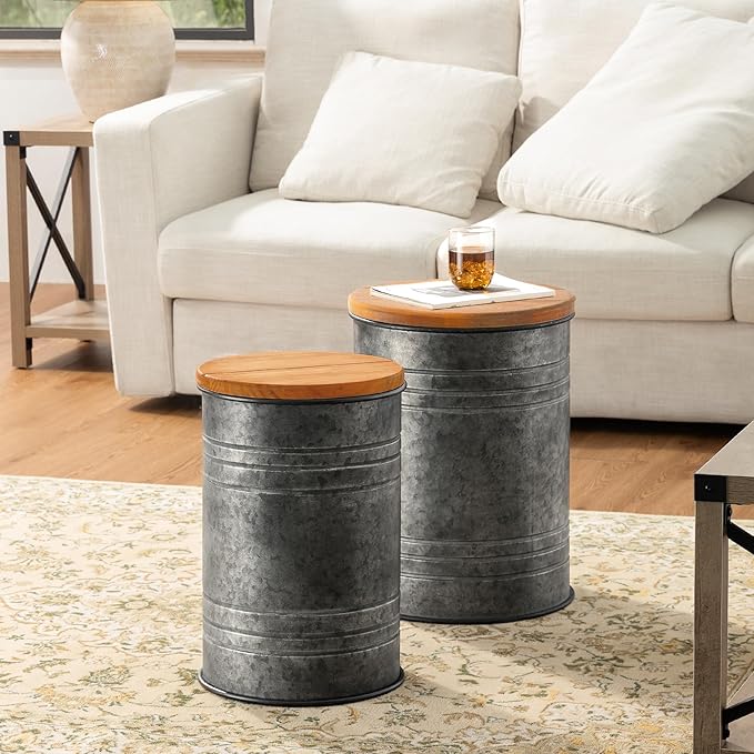 Glitzhome Farmhouse Accent Side Table, Metal Storage Stool Ottoman - Image 6