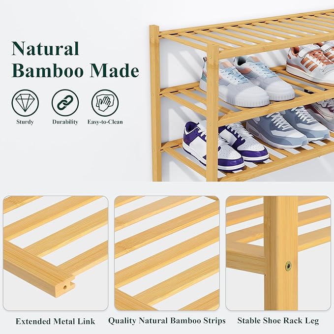 Smiry Shoe Rack, 3 Tier Thick Bamboo Shoe Organizer, Stackable Free Standing - Image 3