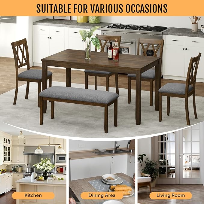 6-Piece Solid Wood Dining Table Set, Dining Table & Chair Set - Image 6