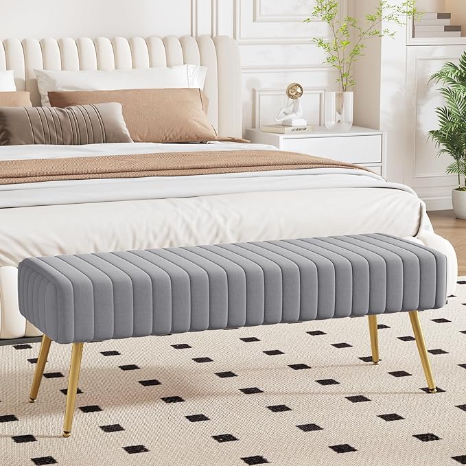Furniliving 44 Inch Bedroom Benches, Upholstered Tufted Striped Fabric Ottoman - Image 8