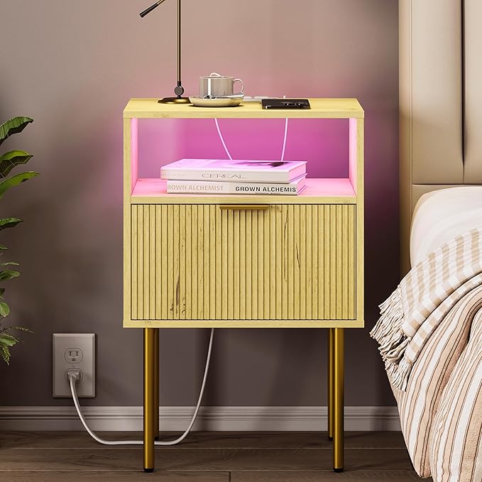 Nightstand with Charging Station, Bedside Table with Storage Drawer, Fluted by JOONEE