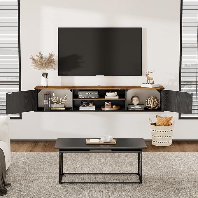 Floating TV Stand with Doors, 2 Tier Wall Mounted TV Stand, Floating - Image 2