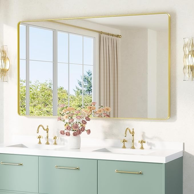 TETOTE 60 x 36 Gold Mirror Brushed Gold Metal Framed Bathroom Mirror, Tempered by TETOTE