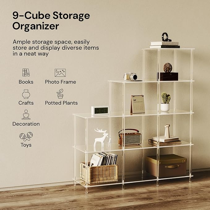 5-Tier Acrylic Bookshelf, 9 Cube Bookcase, Living Room, Easy Assembly, 11.8" D - Image 5