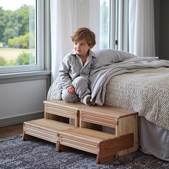 32" Wooden Two Step Stool for Adult & Kid, Deeper & Safer Bedside Steps - Image 6
