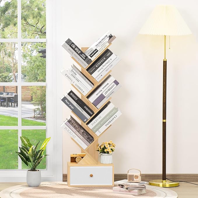 8 Tier Tree Bookshelf with Drawer, Free Standing Wood Bookcase - Image 5
