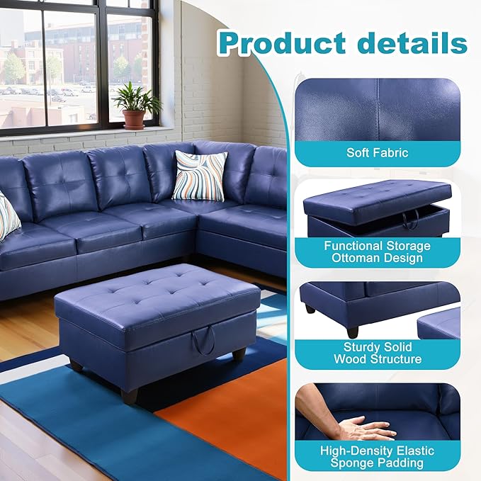 Couches for Living Room PU Leather L Shaped Couch Comfy 3 Pieces Sectional Sofa - Image 5