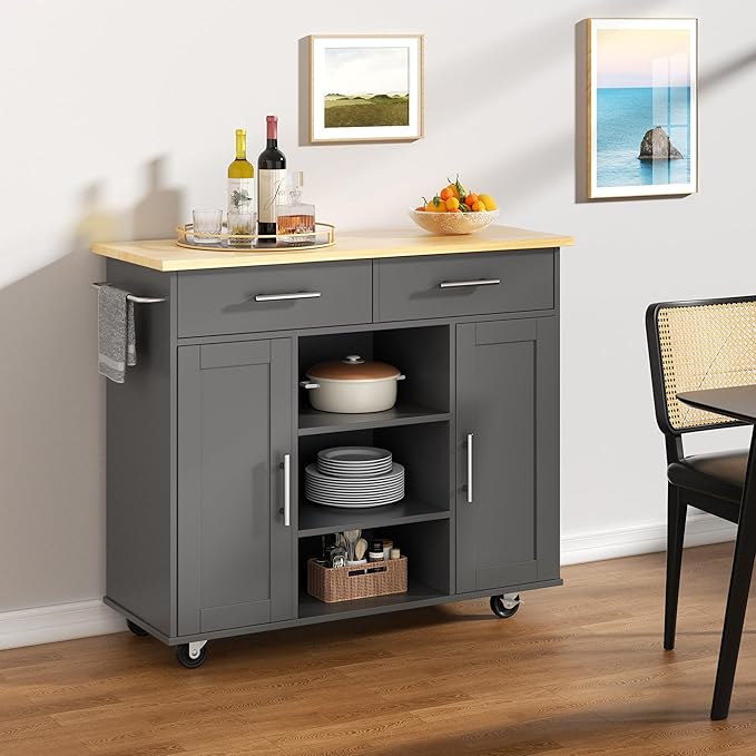 Shintenchi Kitchen Island with Storage, Kitchen Island Cart on Wheels with 3 - Image 2