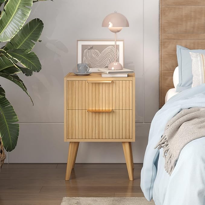 Fluted Nightstand with 2 Drawers, Modern Bedside Table with Metal Handles - Image 5