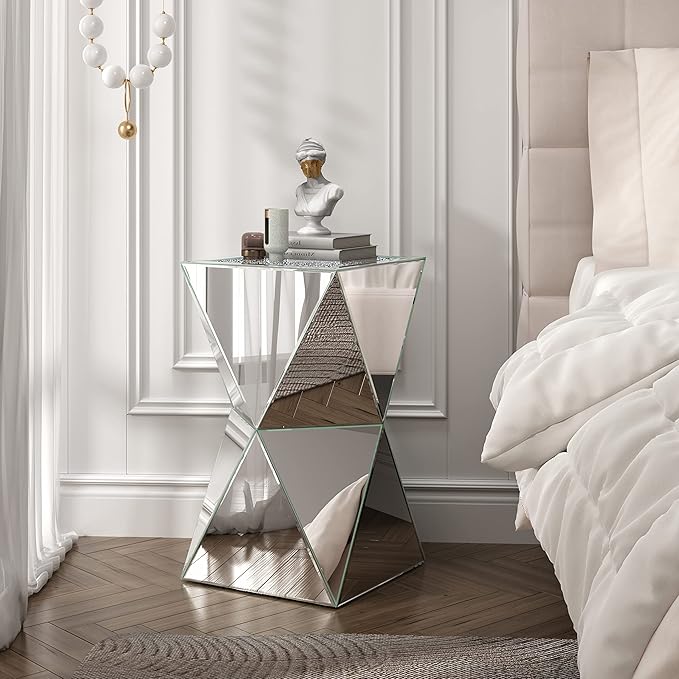 ENENE Mirrored Diamond Setting End Table Glass Decorative Side Table - Image 8