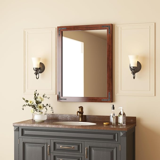 VocalStar Rustic Wood Framed Mirror 24 x 36 Inch, Natural Dark Brown Wooden - Image 2