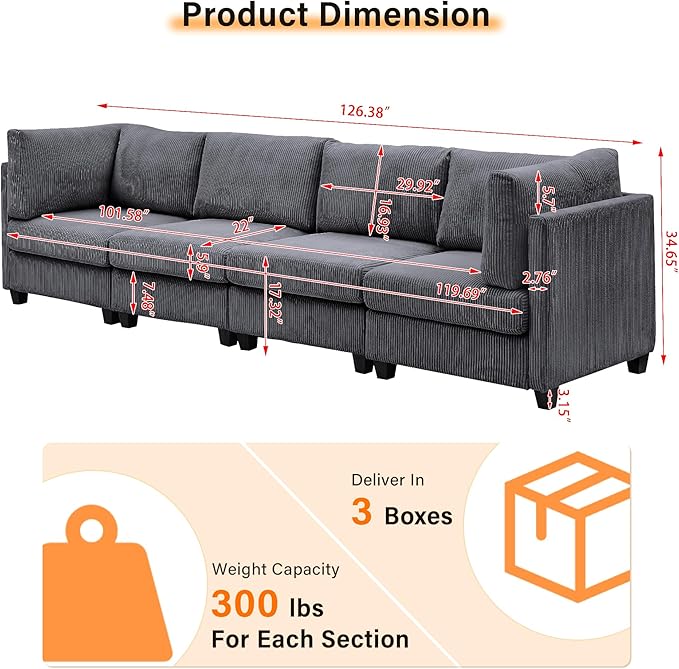 126" Convertible L-Shaped Modular Sectional Sofa, 4 Seater Corduroy Upholstered - Image 2
