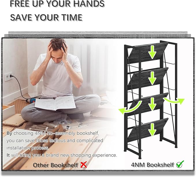 4NM No-Assembly Folding Bookshelf Storage Shelves 4 Tiers Vintage Bookcase - Image 7