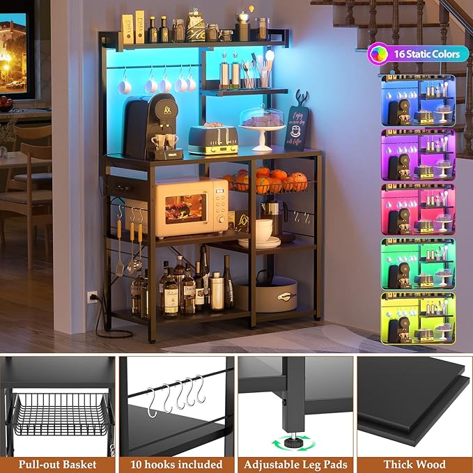 Aheaplus Bakers Rack with Power Outlet and LED Light Strings, Microwave Oven - Image 3