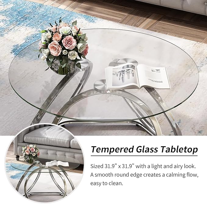 O&K FURNITURE Glass Coffee Table, Modern Silver Coffee Table Living Room Table - Image 5