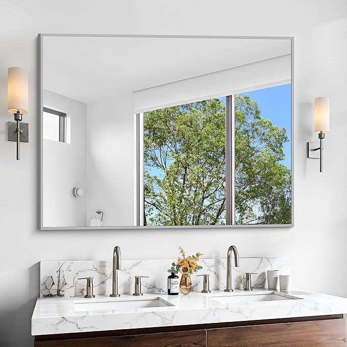 KOCUUY Silver Bathroom Mirror, Brushed Nickel Vanity Mirror by KOCUUY