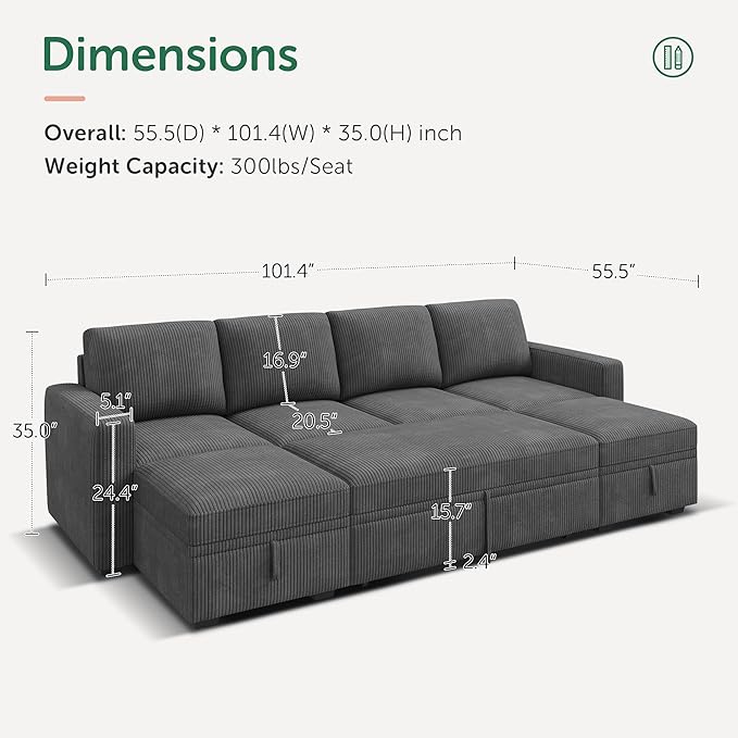 HONBAY Modular Sectional Sleeper Sofa Bed, Corduroy Pull Out Couch - Image 2