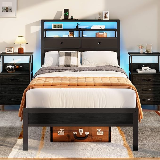 Furnulem Twin Bed Frames with Charging Station and LED Lights, Wood Headboard by Furnulem