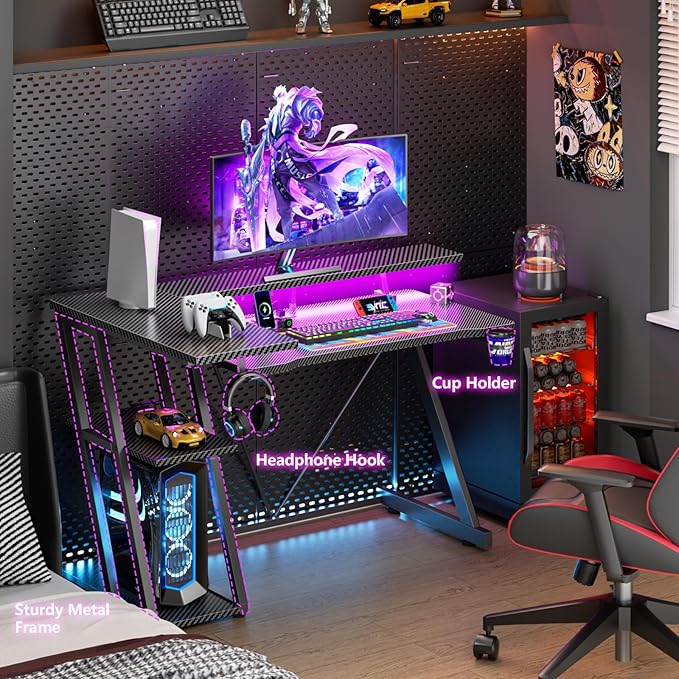 40 Inch Gaming Desk with Power Outlet & LED Lights, L Shaped Computer Gaming - Image 2