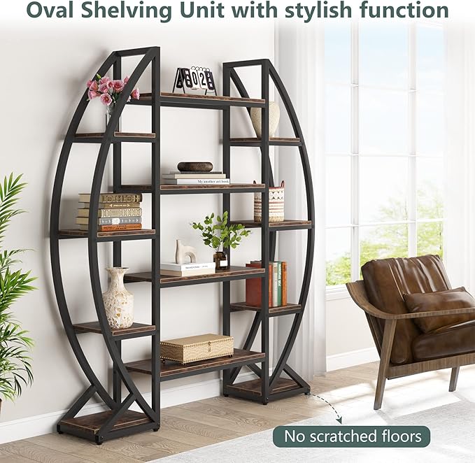 Tribesigns Oval Bookshelf, Triple Wide 5 Tier Etagere Bookcase, Industrial - Image 8