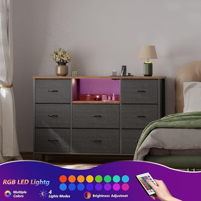 Black Dresser with LED Lights & Power Outlets, Dresser TV Stand with 8 Drawers - Image 4