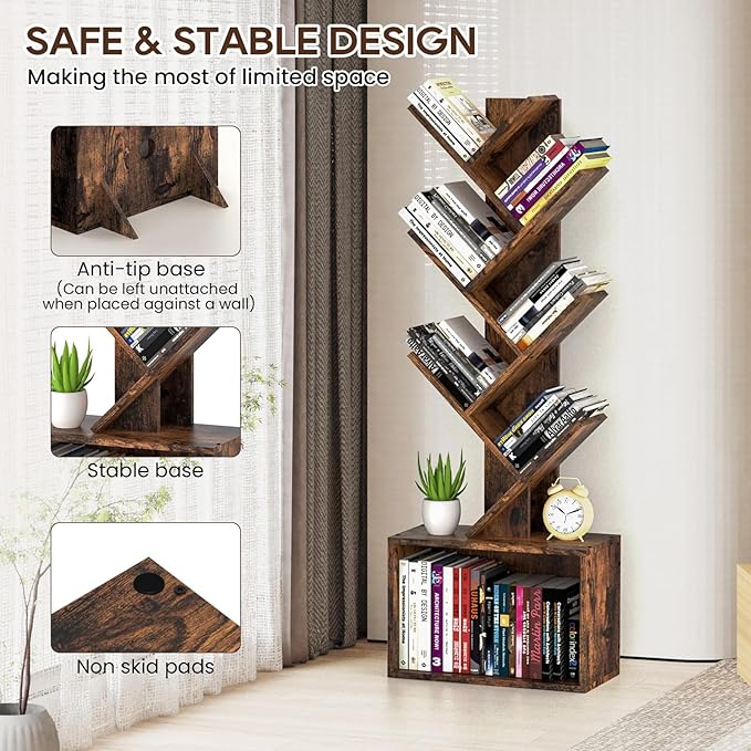 6 Tier Tree Bookshelf, Sturdy Retro Floor Standing Wood Bookcase, Storage Rack - Image 6