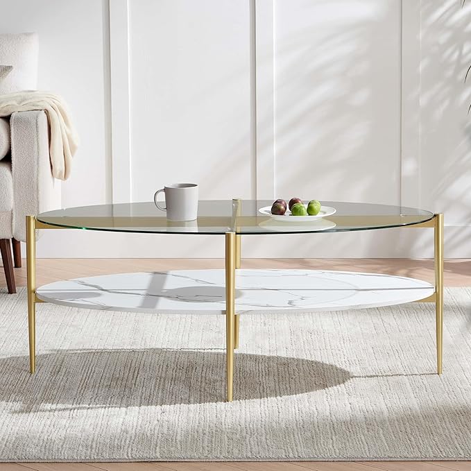 Oval Glass Coffee Table, Mid-Century Modern Design, L43 x W22 x H17 inch - Image 5
