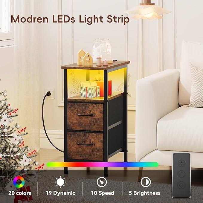 Vagusicc Nightstand with Charging Station and LED Lights, Narrow Side Table - Image 4
