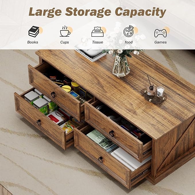 Rustic Coffee Table with Drawers 47 inch Living Room Tables with Storage - Image 3