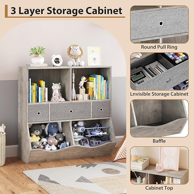 IDEALHOUSE 7-Cubby Large Kids Toy Storage Organizer, Children Wood Bookcase and - Image 3