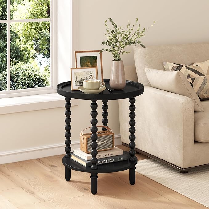 Gadroad Round End Table with Storage Shelf, 2 Tier Couch Side Table, Wood - Image 8
