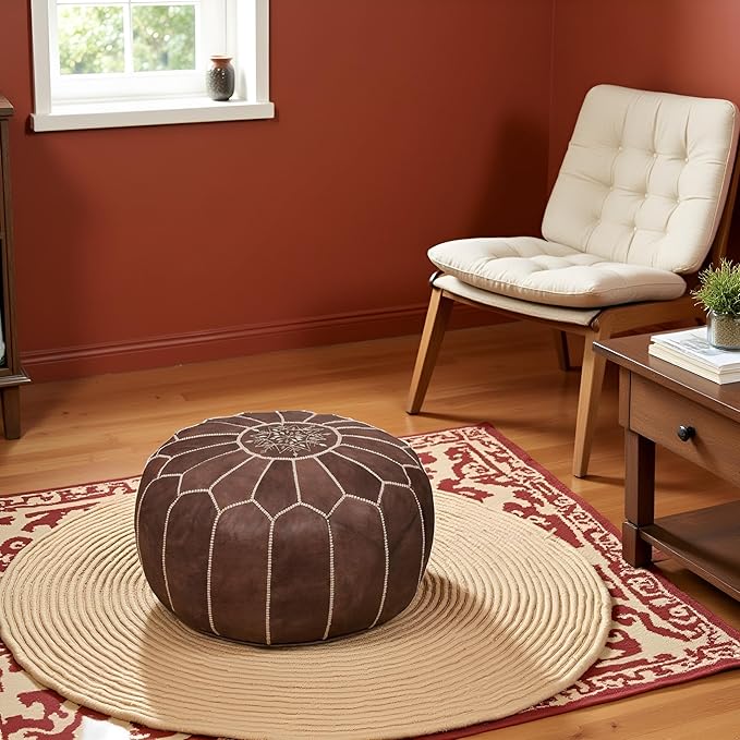 Stuffed Round Design Moroccan Leather Pouf Ottoman, Pre-Filled, 100% Genuine - Image 4