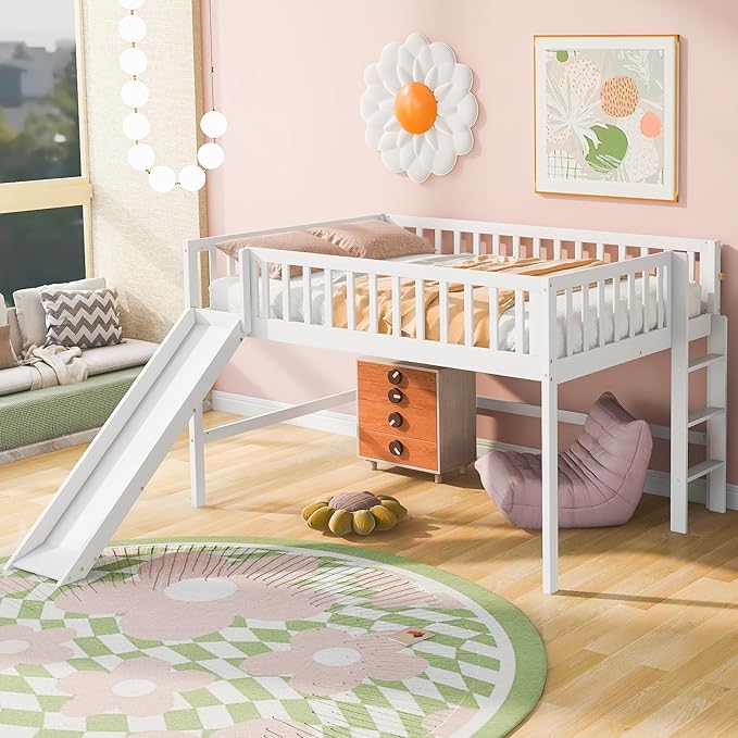 Full Size Low Loft Bed with Ladder and Slide, Vertical Design Wooden Bed Frame by Favfurish