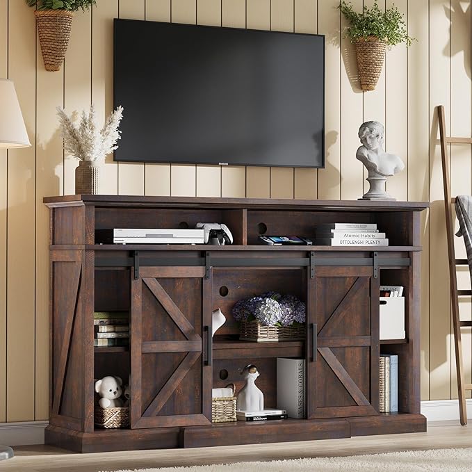 66" Farmhouse TV Stand for 75 Inch TVs, Rustic Media Console Table Storage by LUXOAKAddMoreStyletoHome