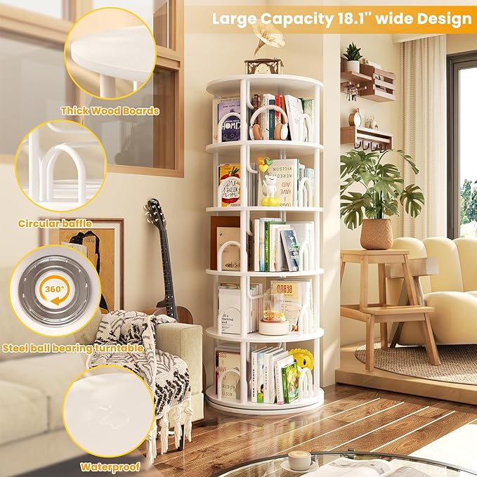 Aheaplus 5 Tier Rotating Bookshelf Tower, 360 Display Spinning Bookcase - Image 4