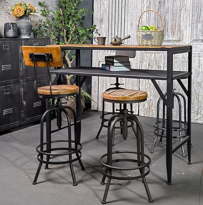 Diwhy Industrial Bar Stool-26-32 Inch Adjustable Swivel Metal Wood Seat Stool - Image 2