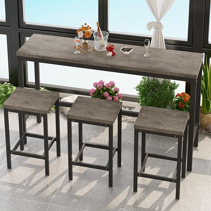 KEIKI 60.24” Long Bar High Top Dining Table and 3 Stools Chairs Set, Wood by Unknown